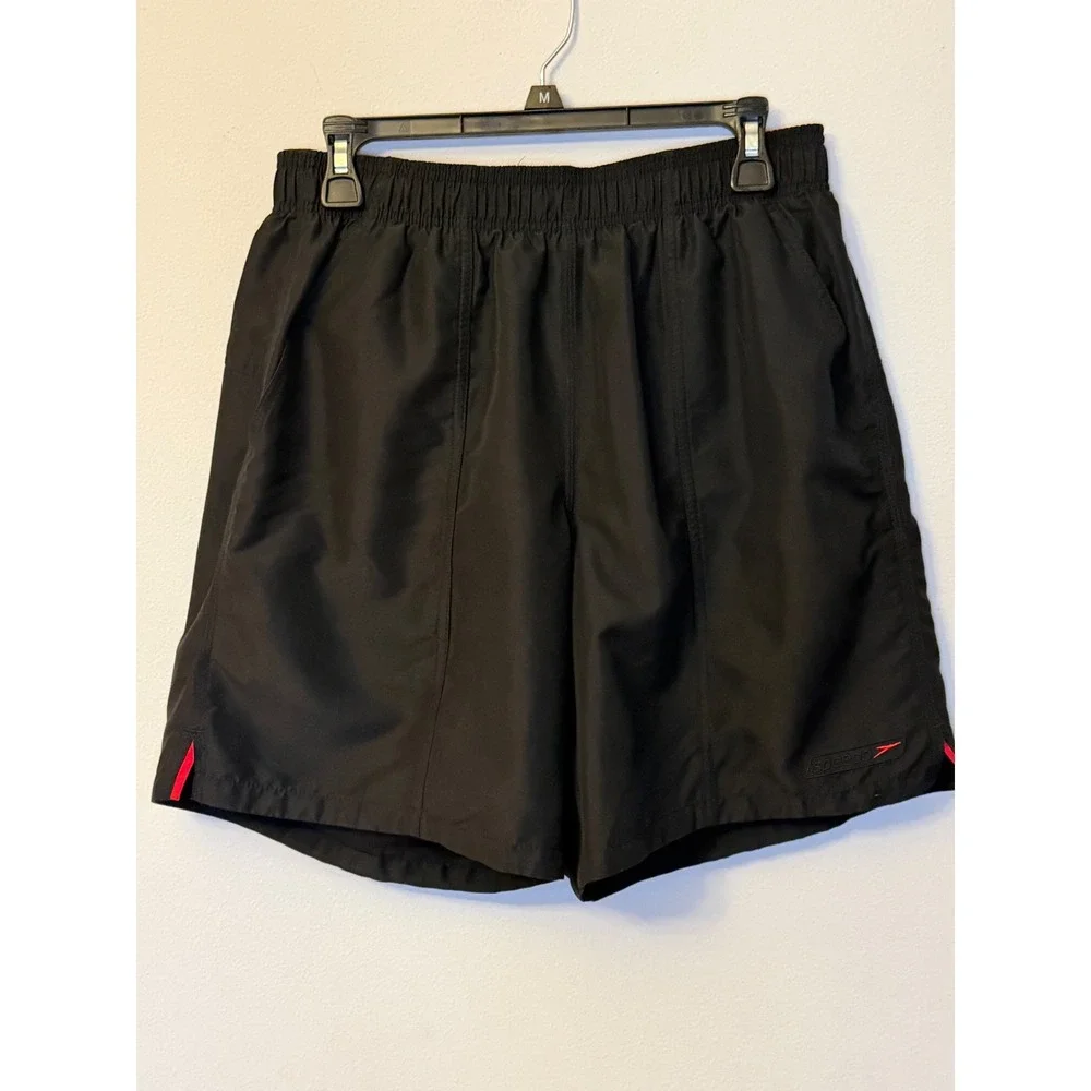 Speedo Mens Swim Trunks Black Red Mesh Lined Board Shorts Sz Medium